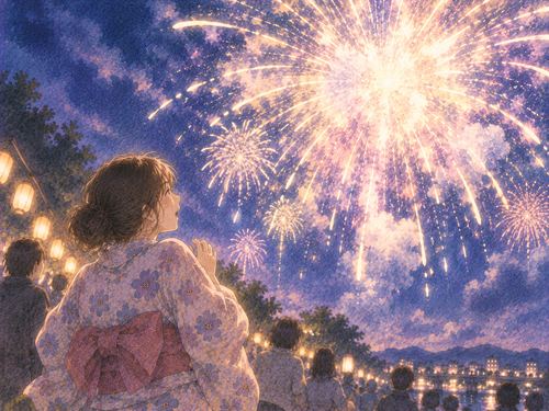 夜空で予定外に強く弾ける花火を驚いて見る人物