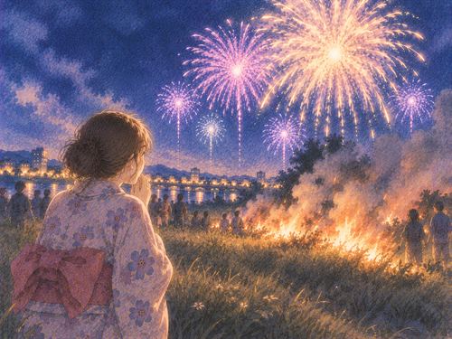 花火の火が草地へ広がり焦って見守る人物
