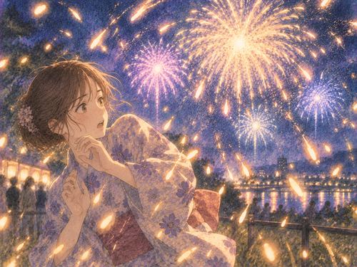花火の火の粉が近くへ舞い降りてきて身を引く人物