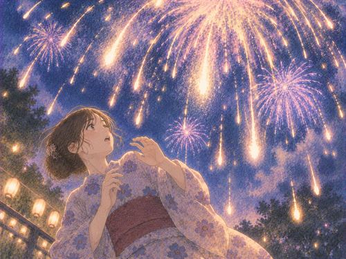 夜空から降りてくる花火の光を見上げる人物