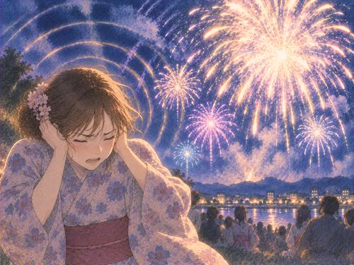 花火の大きな音に耳をふさぐ人物