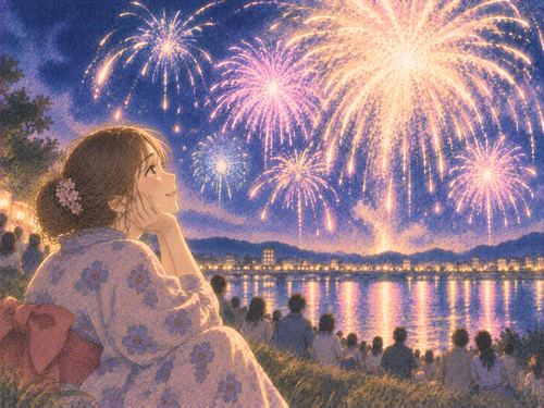 美しい花火を見上げて穏やかに感動する人物