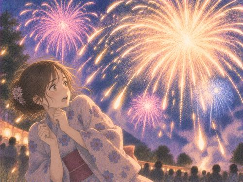 近くで開く花火に圧倒されて身をすくめる人物