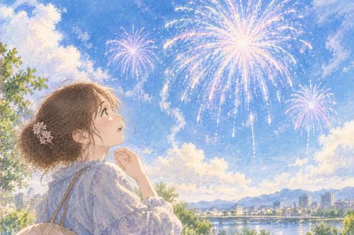 明るい昼空に淡く見える花火