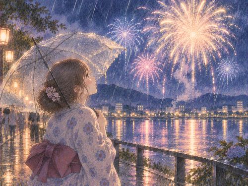 傘を差しながら雨の中の花火を見る人物