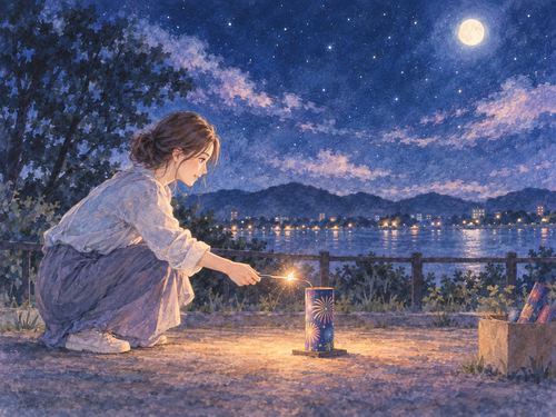 夜の広場で自分の手で打ち上げ花火を準備する人物