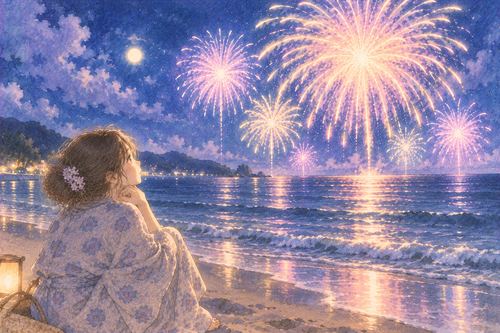夜の海の上に広がる花火を浜辺から眺める人物