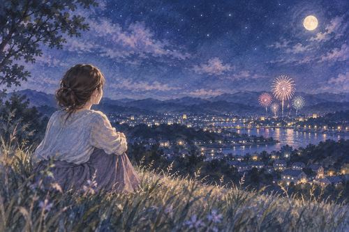 遠い町の上に小さく上がる花火を丘から眺める人物