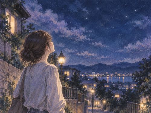 花火は見えない夜空を音に気づいて見上げる人物