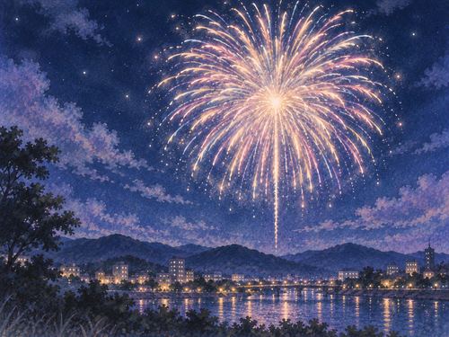 高い夜空で大きく開く打ち上げ花火