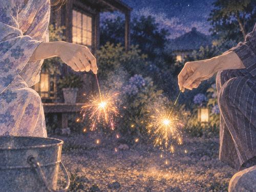 夜の庭で手持ち花火を楽しむ二人の手元