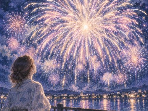 空いっぱいに広がる巨大な花火を見上げる人物
