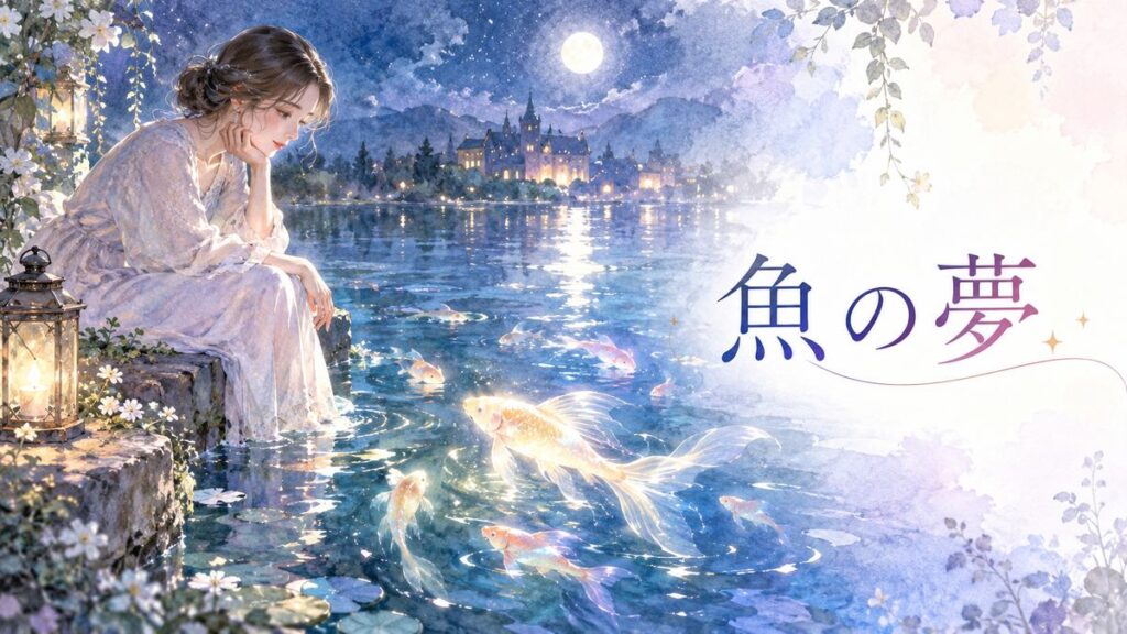 幻想的な水辺で魚を見つめる大人の女性