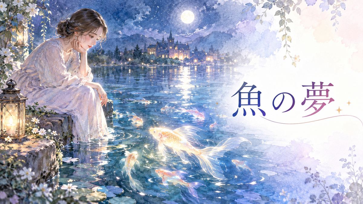 幻想的な水辺で魚を見つめる大人の女性