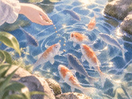 水面へ落ちる餌に魚が集まる場面