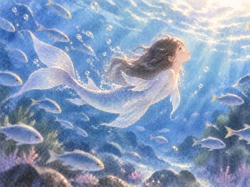 水中を自由に泳ぐ人影と魚の幻想的な姿