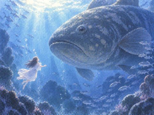 巨大な魚と小さな人影が向き合う水中