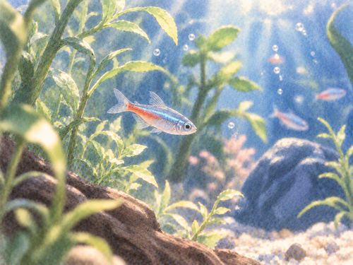 水草の間を泳ぐ小さな魚