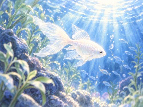 淡い光を受けて泳ぐ白い魚