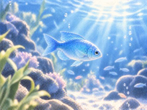 澄んだ水の中を泳ぐ青い魚