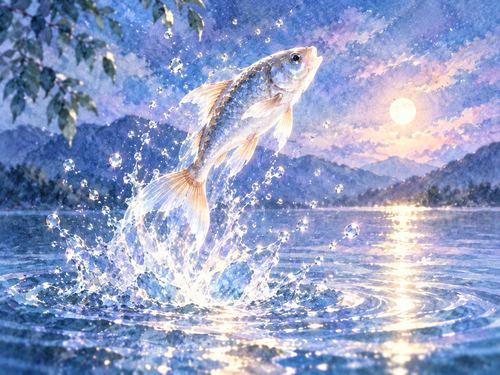 静かな水面から勢いよく跳ねる魚