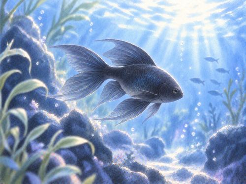 淡い光の水中を泳ぐ黒い魚