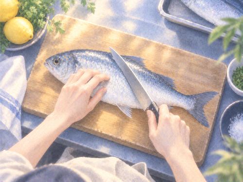 まな板の魚を調理する手元