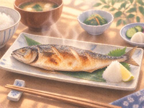 湯気の立つ焼き魚が置かれた食卓