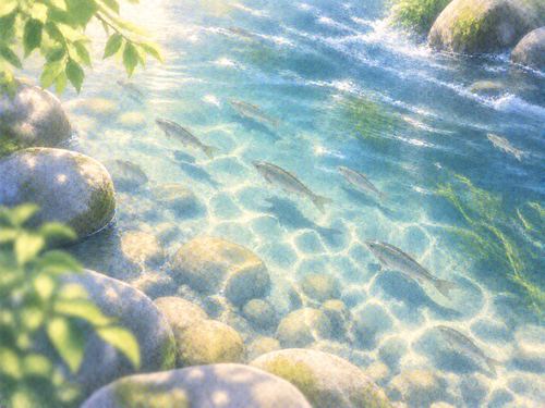 透明な川を魚が泳ぐ爽やかな景色
