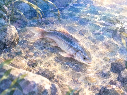 浅い水の中で弱りながら動く魚