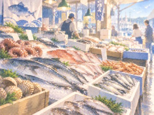魚が整然と並ぶ明るい魚市場