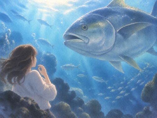 水中の大きな魚を見て距離を取る人物