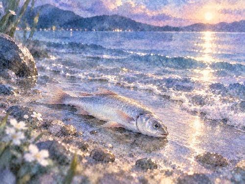 静かな水辺に動かず横たわる魚