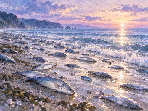 波打ち際に多くの魚が打ち上げられた景色