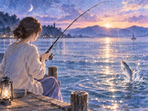 静かな水辺で釣り糸に魚がかかる場面