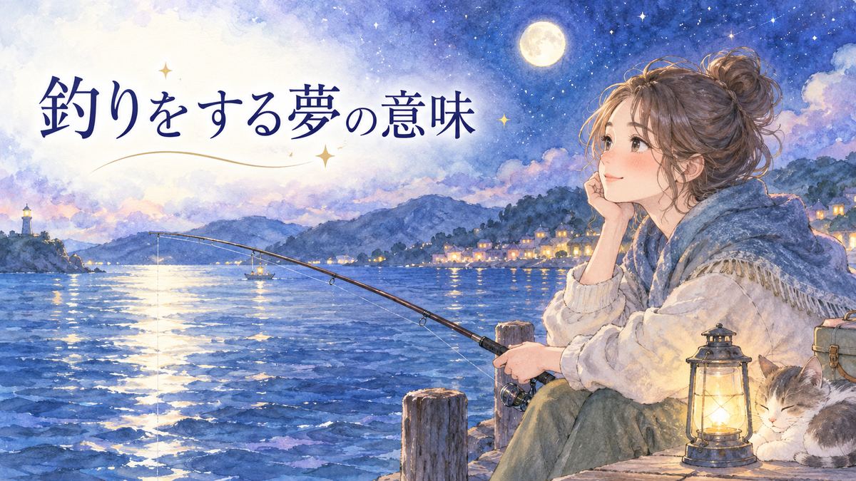 夜の水辺で釣り竿を持ち水面を見つめる大人の女性