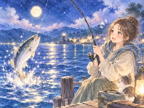 夜の水辺で魚を釣り上げて喜ぶ女性