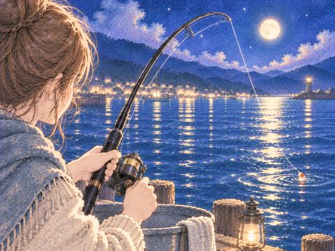 水面へ伸びる細い釣り糸と竿を持つ女性の手元