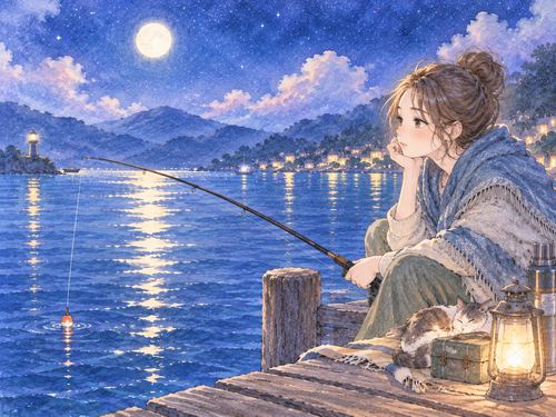 静かな水面で魚を待ち続ける女性と釣り竿