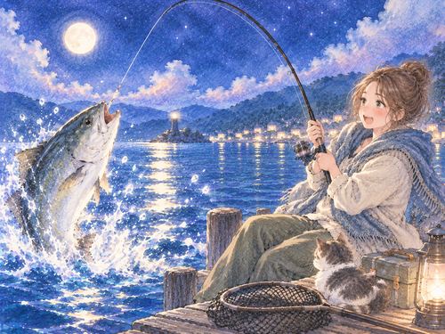 大きな魚を釣り上げようとする女性