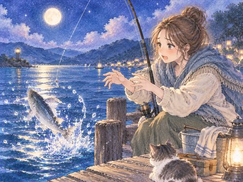 釣り上げた魚が水へ戻るのを見つめる女性