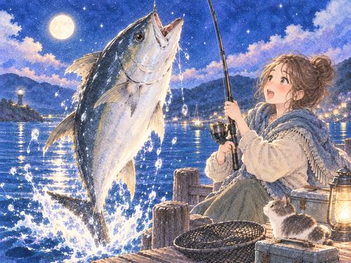 水辺で大きな魚を見上げる女性