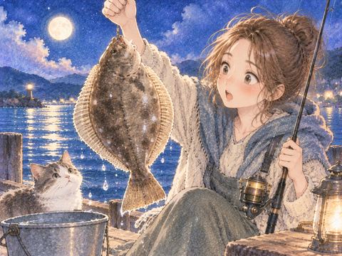 釣り上げたカレイを見て驚く女性
