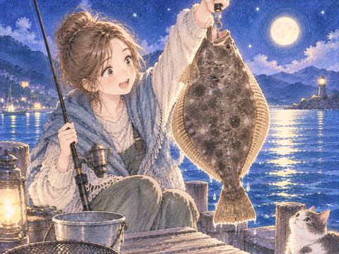 釣り上げたヒラメを見つめる女性