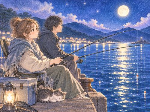 夜の水辺で並んで釣りをする二人の大人