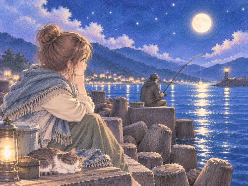 釣りをする人を少し離れて見ている女性