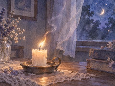 夜の中で細く揺らぎ消えかけている炎