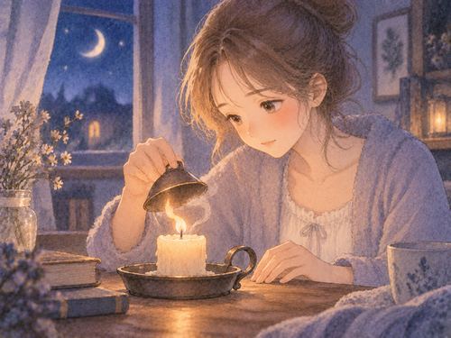 大人の女性が小さな炎を静かに消している場面