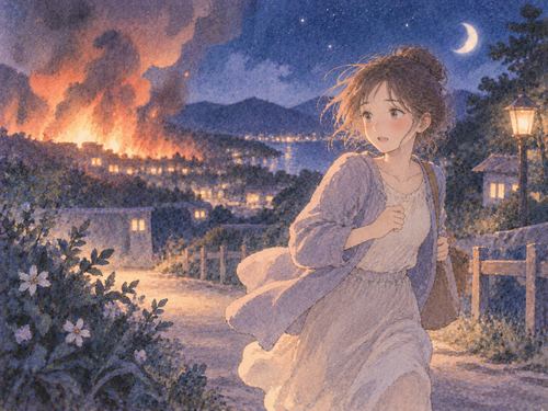 遠くの炎から安全な方向へ離れる大人の女性