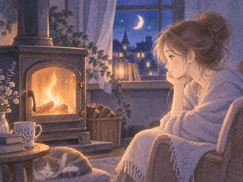大人の女性が穏やかな炎を静かに見つめる場面